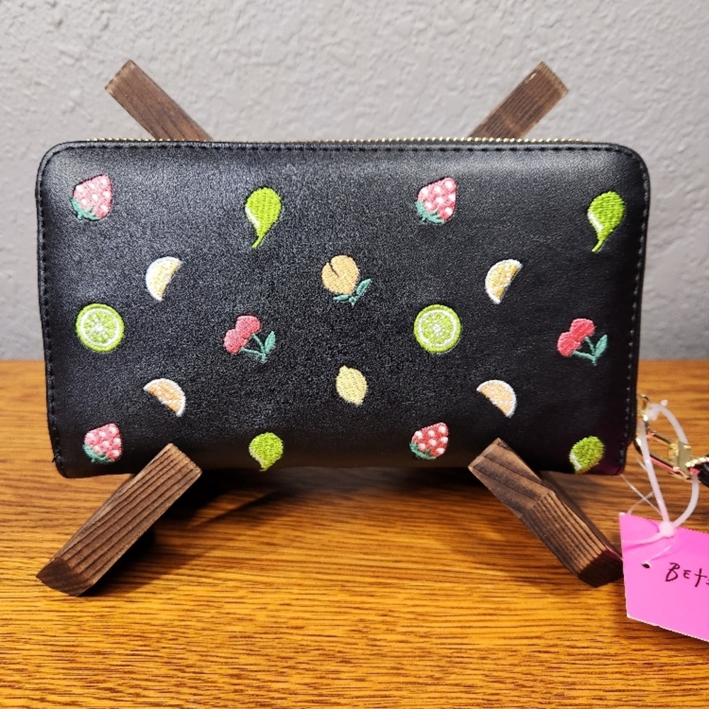 Betsey Johnson Black Fruit Embroidered Wristlet Wallet - Picture 3 of 10